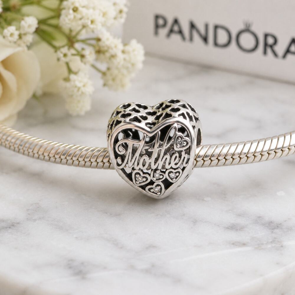 Pandora Mother & Son Script Openwork Heart Charm 792109CZ Retired